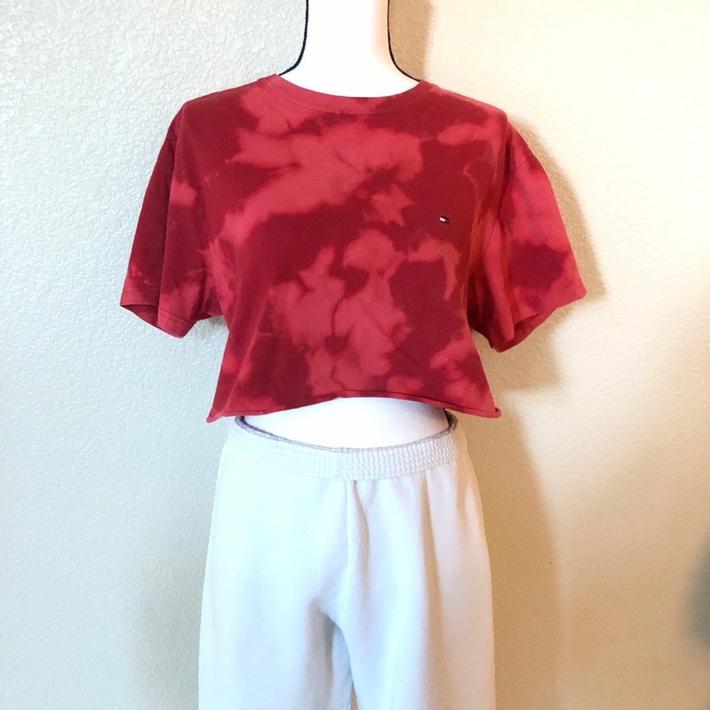 Tommy Hilfiger custom bleach red crop top tee XS